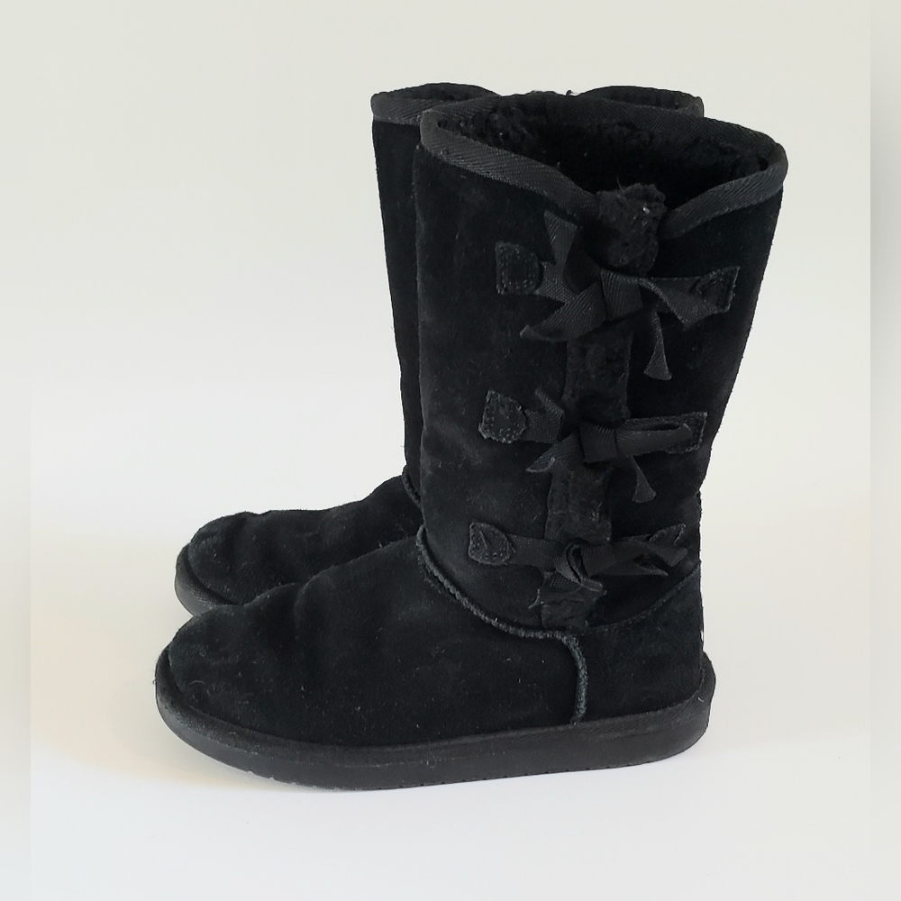 Ugg Koolaburra Victoria Tall Kid's Black Suede Triple Bow Boots Size 2